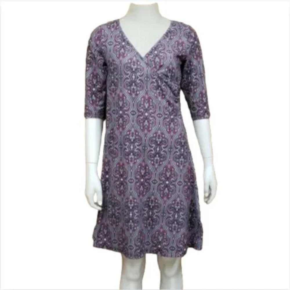 Prana Dress Small Pink Gray V-Neck 3/4 Sleeve Pocket Travel Casual Style
